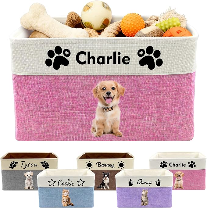 Personalized Dog Toy Basket with Name Photo Custom Dog Food Storage Bins Collapsible Organizer for Toys Dolls Clothing-Pink