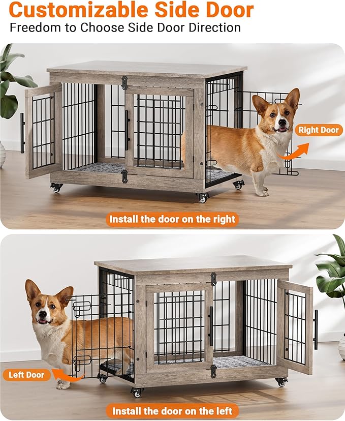 YaFiti Dog Crate Furniture, 32.5” Wooden Indoor Dog Kennel, 2 Pack, Grey | Cushion, Wheels, Double Doors, Furniture Style, Side End Table, Decorative Pet Cage House, Up to 45 lb, for Small/Medium Dogs