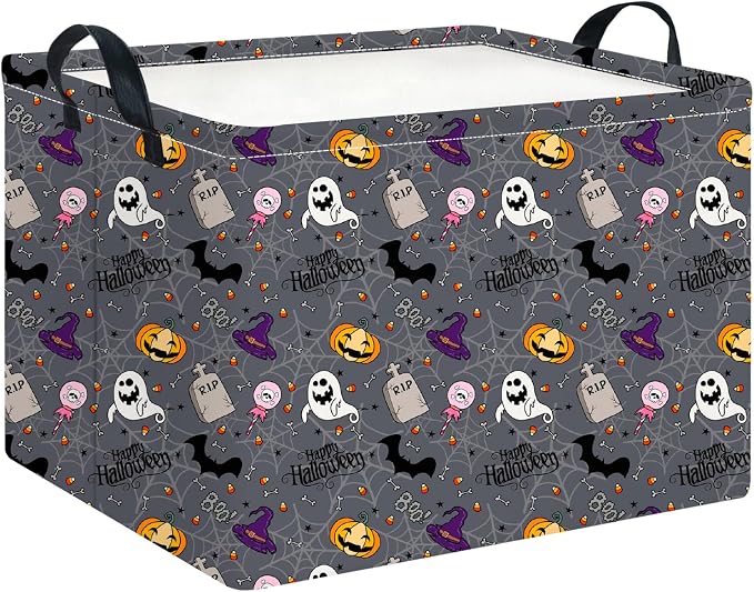 CLOCOR Rectangular Storage Basket,Collapsible Cute Pattern Storage Bin,Waterproof Books Box with Handles,Gift Basket(Grey Tombstone Halloween)
