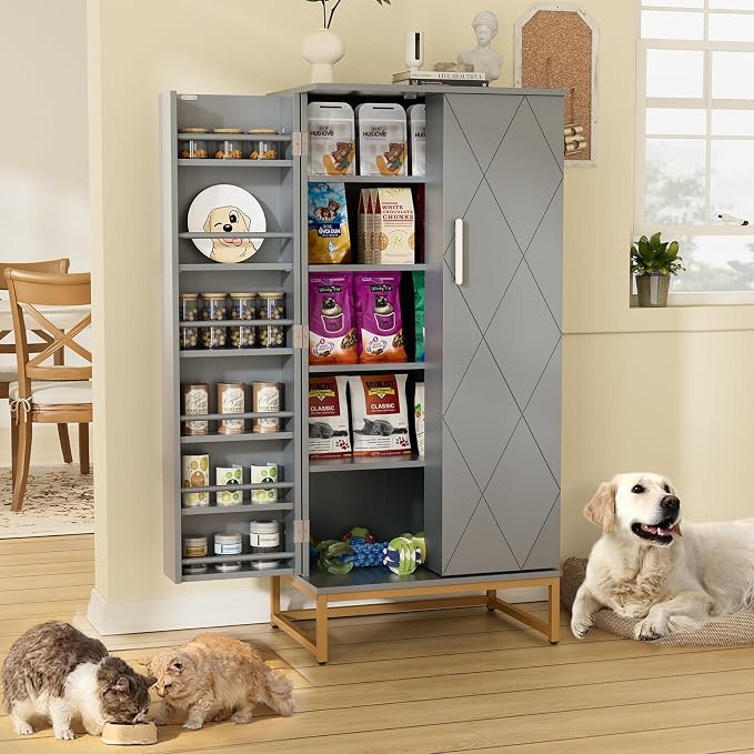Saudism 51" Dog Food Storage Cabinet with Adjustable Shelves, Gray | Freestanding Pet Storage Container Organizer for Living Room and Dinning Room