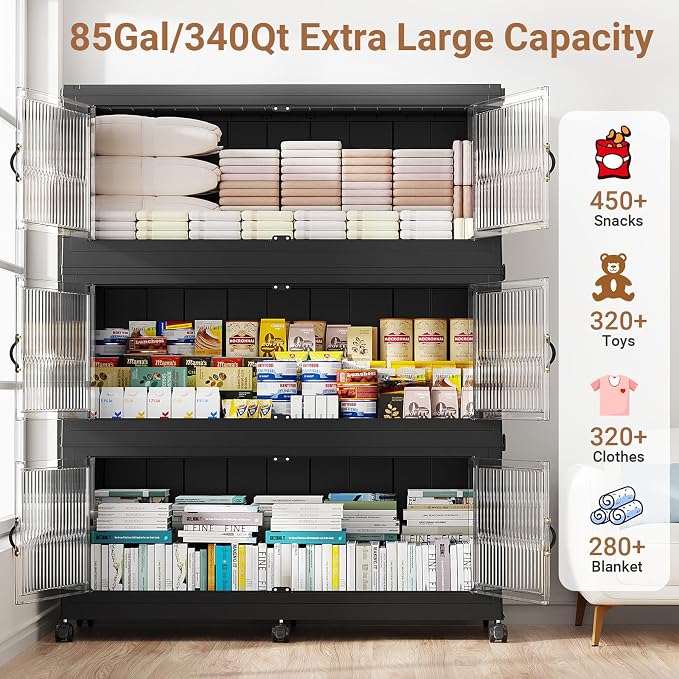 BROVIEW 340QT Extra Large Stackable Storage Bins with Lid, 1Pack Black | 85Gal Plastic Collapsible Cabinets Containers, Wheels & PET Doors, Foldable Closet Organizers Drawers for Office, Dorm
