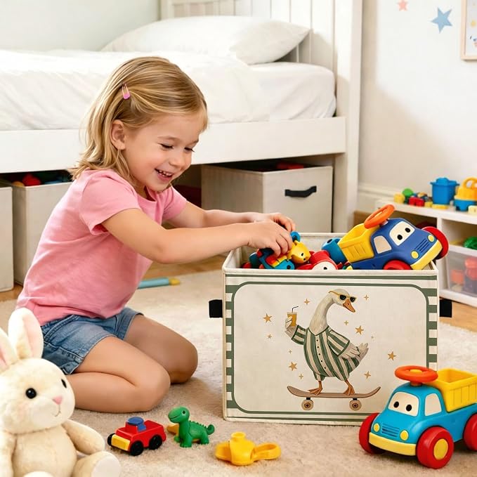 Skateboard Goose Storage Bin, Foldable Fabric Basket for Kids Room | Foldable fabric storage bin with funny goose design for toys, books, clothes, nursery, bedroom, and playroom use.