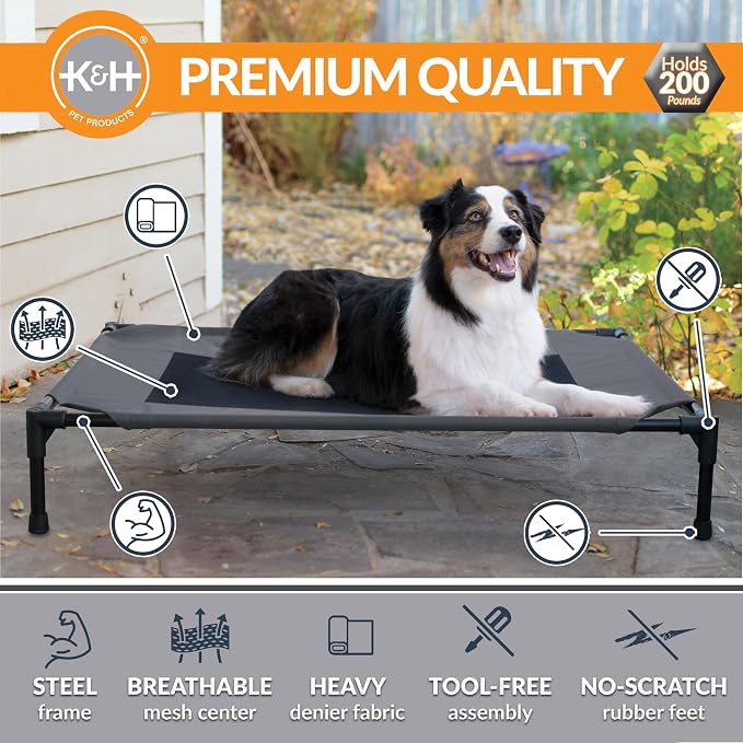 K&H Outdoor Elevated Dog Bed, Cooling Raised Dog Bed, Large, Charcoal | Pet Cot for Medium & Large Pets, Breathable Mesh Center Hammock Design, Indoor/Outdoor Washable Cover, 42x30in