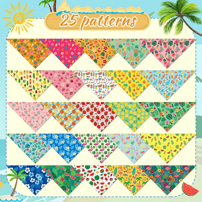 50 Pcs Summer Hawaiian Dog Bandanas Bulk Tropical Flower Pattern | Triangle Kerchief Bibs Scarf Set for Pets Hawaii Party Costume Photo Props Accessories, 25 Styles, 19.7 x 13.8 x 13.8 Inch