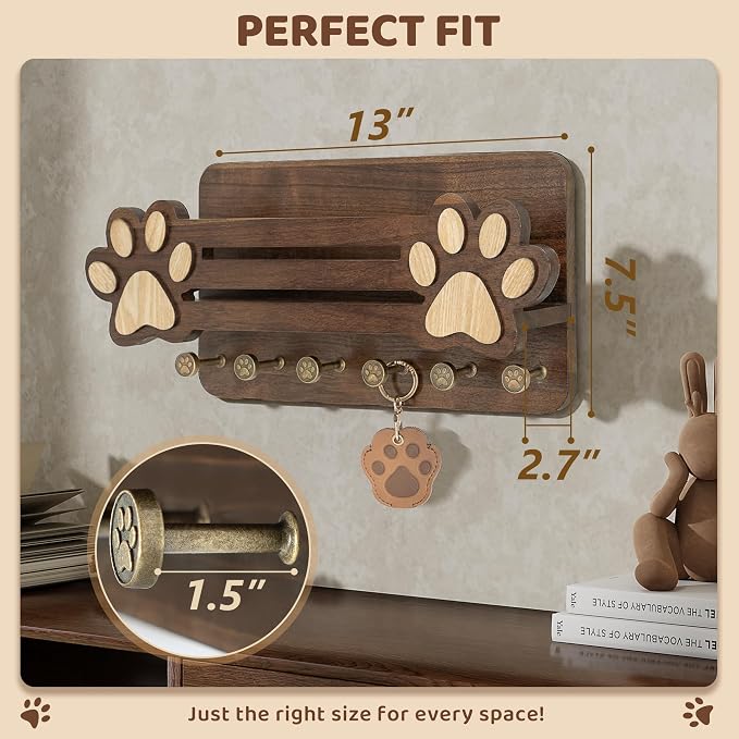 MTERSN Dog Leash Holder for Wall with Mail Holder for Pet Lovers,Dark Brown | Acacia Wood, Adorable 3D Paw-print Design, 6 Hooks, Store Treats & Dog Food, Dog Accessories Organizer, Home Organization