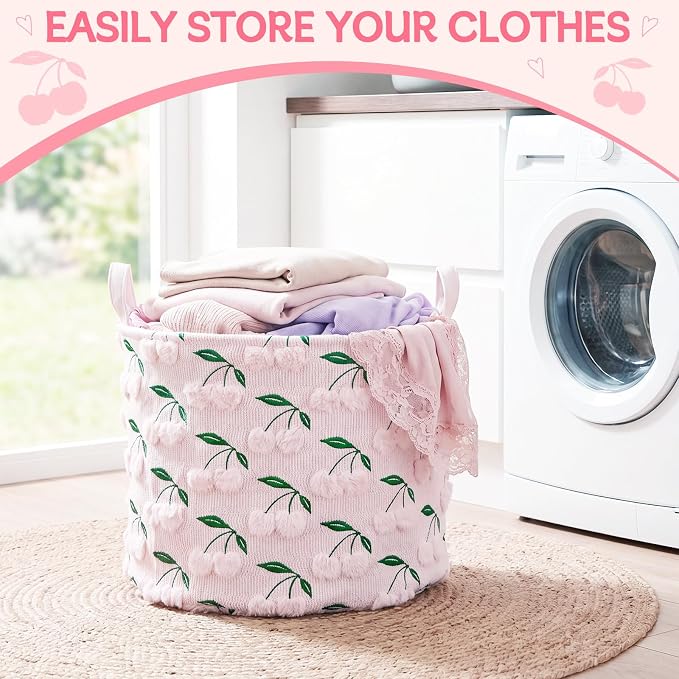 LemonRoad Extra Large Basket 20"x14", Woven Basket for Laundry Blanket Toy Box with Handle Storage, Blanket Storage for Living Room Nursery Pillows Chest(Pv Plush,Cherry,Pink)
