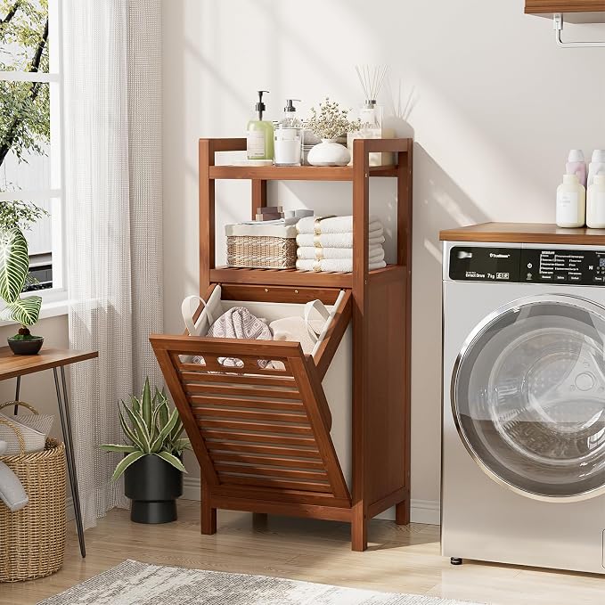 Homykic Tilt Out Laundry Hamper Cabinet, 10 Gal Bamboo Laundry Organizer | Wooden Laundry Basket with Removable Bag, Hidden Hamper with Shelf for Clothes, Bathroom, Laundry Room, Space Saving, Walnut