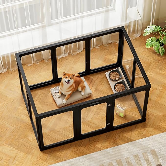 Jalove 30" H Clear Acrylic Dog Playpen Indoor, Easy Assemble Whelping Crate | Ideal for Small to Medium Dogs,Relieves Pet Anxiety, 10PCS for Rabbit Transparent Pet Pen, Kennel Cage Enclosure, Black