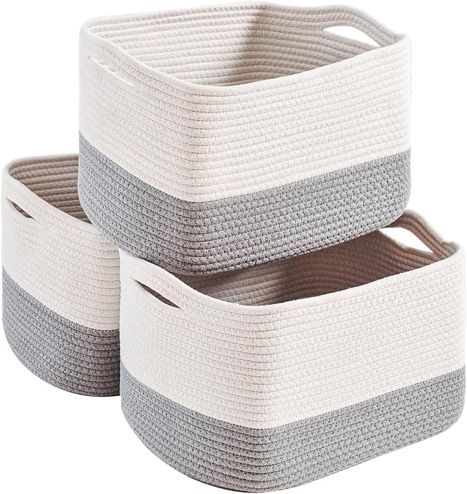 Grey Storage Baskets for Organizing Shelves, Woven Cotton Rope Baskets for Storage, Dog Toy Basket Storage Kids, Gray Shelf Basket, 14.8"×11"×9.5", Pack of 3, Off White & Grey