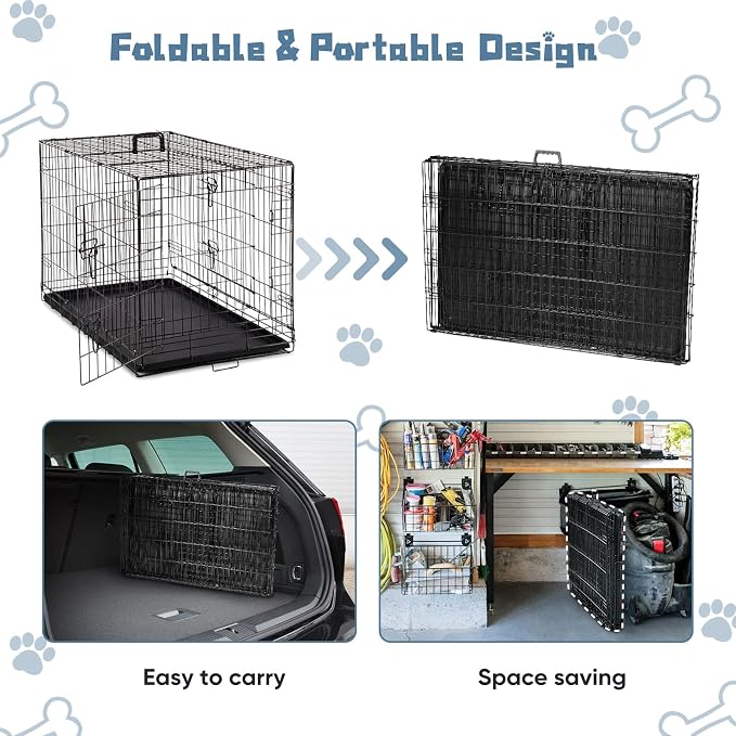 DUMOS 36 Inch Dog Crate, Puppy Small Medium Foldable Dog Cage Pet Kennel | Double Door Metal Wire, Plastic Leak-Proof Pan Tray, Portable Indoor Outdoor Training Travel