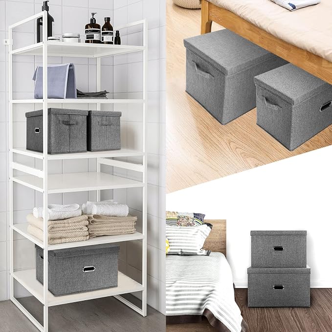 Large Linen Fabric Foldable Storage Bins with Removable Lid and Handles, Washable Storage Box Organizer Containers Baskets Cube with Cover for Bedroom,Office(Cream, Extra Large)