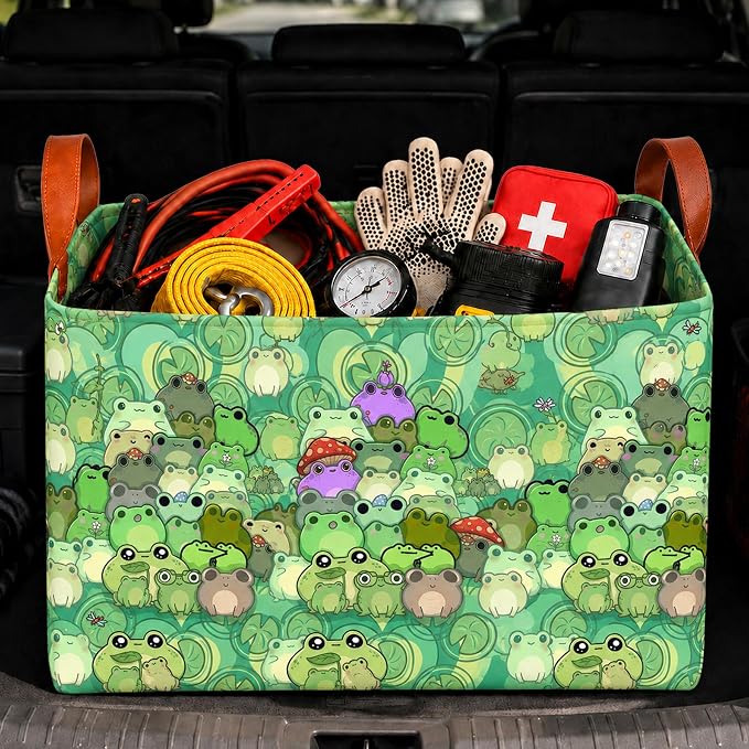 Frog Car Trunk Organizer 20L Collapsible Auto Storage Basket with Handles | Waterproof Reusable Shopping Grocery Bags for SUV Truck, Frogs Cars Boot Organizer Gifts for Women Men Drivers