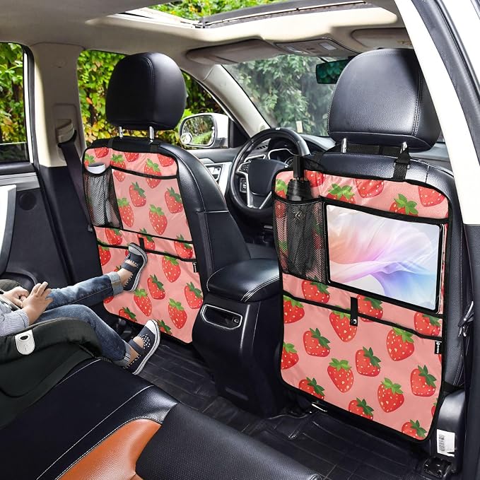 JIPONI Car Backseat Organizer, Strawberrys Pink Automotive Back Seat Protector, Kick Mats with Storage Pockets for Kids Pets, Road Trip Accessories (2 Pack)