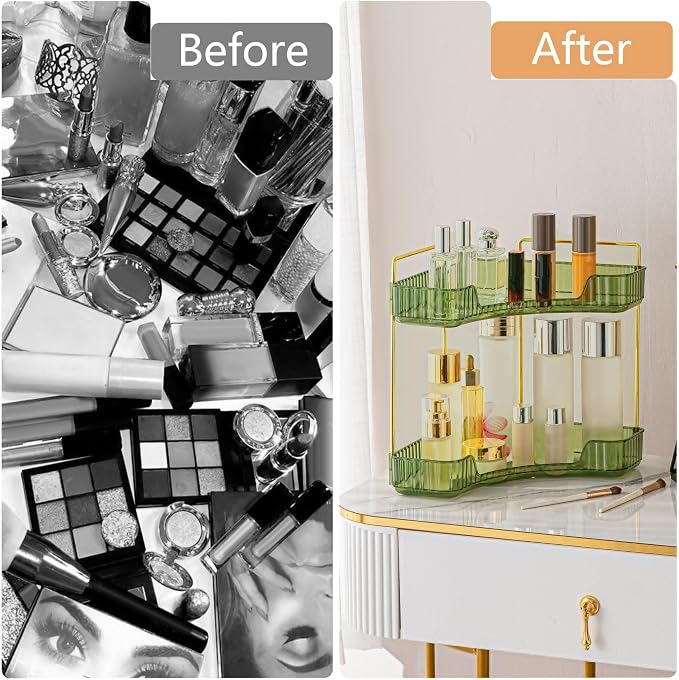 Corner Bathroom Counter Organizer Bathroom Countertop Shelf Makeup Organizer for Vanity Perfume Tray for Corner Storage (2 Tiers, Green)