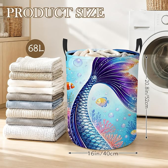Laundry Hamper, Mermaid Tail Collapsible Ocean Coral Laundry Baskets Waterproof Oxford Cloth With Handles, Clothes Storage Bucket For Bathroom/Bedroom 16" x 20.8"
