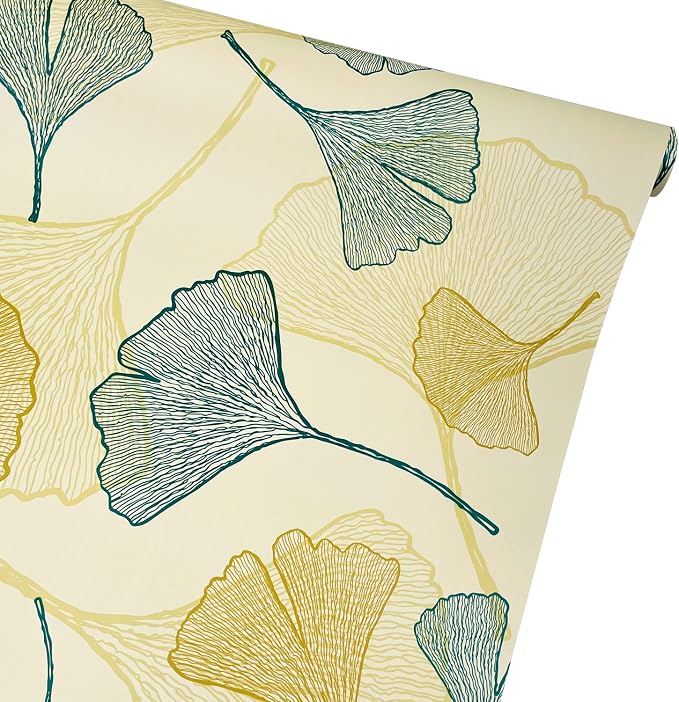 Drawer Shelf Liner Ginkgo Leaf Self-Adhesive Furniture Countertop Lining Paper Sheet Waterproof Wallpaper Roll 118x18 Inch