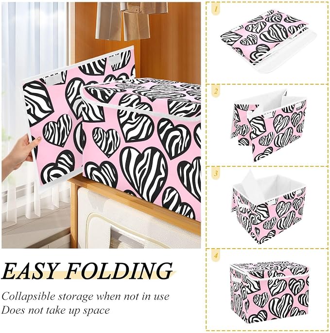 Zebra Heart Pink Storage Bins with Lids Closet Bedroom 40L Storage Basket | Decorative Storage Boxes, Foldable & Stackable, Dust-Proof Flip Top, Reinforced Handles, For Home & Dorm, Clothes & Toy Box