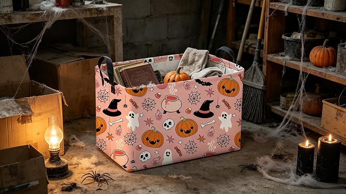 Sanjiaofeng Rectangular Pink Halloween Horror Ghost Storage Basket,Scary Pumpkin Basket,Halloweens Party Baskets,Halloween Candy Storage Baskets with Handles(Smiley Pumpkin)