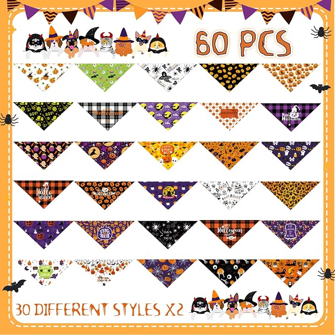 Sanwuta 60 Pcs Halloween Dog Bandanas Bulk Pet Bibs Scarf, Pumpkin Medium | Adjustable Dog Bandanas, Triangle Scarf, Holiday Pet Costume, Fits Small to Large Pet