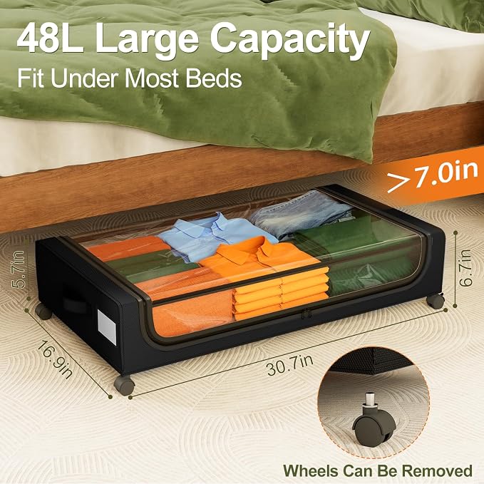 GoMaihe Under Bed Storage with Wheels 48L Black 4-Pack | Underbed Storage Containers with Lids Rolling Drawers & Bins for Shoes Clothes in Dorm Bedroom - Space-Saving Easy Pull-out