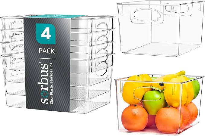 Sorbus Fridge Organizers and Storage, Clear Plastic Bins (Large, 4 Pack)