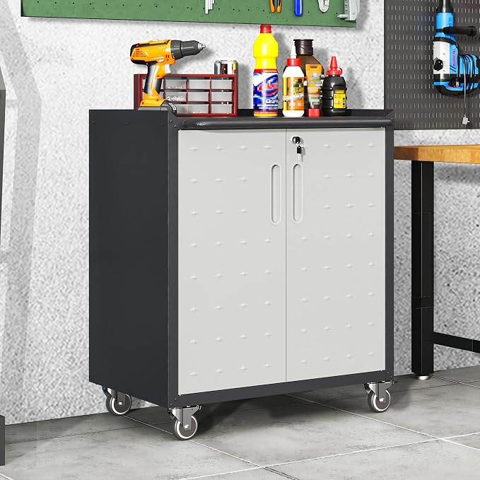 Garage Cabinets,Metal Garage Storage Cabinet with Wheels,Lockable Rolling Tool Cabinet with Drawer and Adjustable Shelves,Heavy Duty Tools Cabinet for Home Office Utility Room,Black/Grey