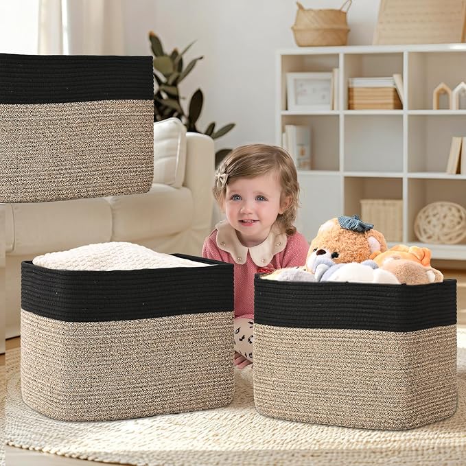 3 Pack Cube Storage Bin, 17”x12”x12” Cotton Rope Woven Baskets for Organizing Toys Clothes Towels, Square Gift Storage Baskets for Shelves, Nursery, Closet, Bathroom, Pantry (Black & Brown)