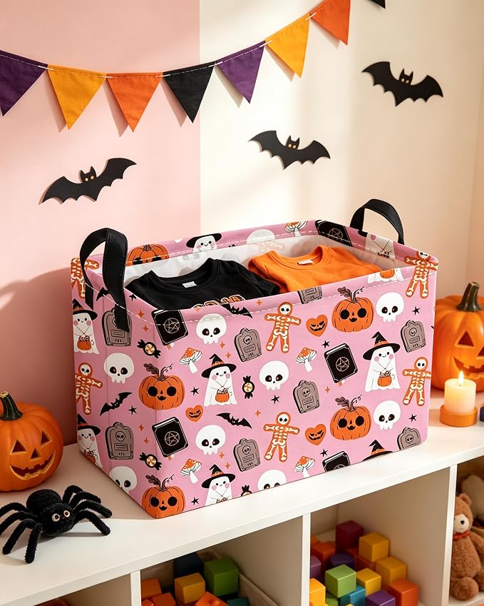 Essme Rectangular Halloween Basket,Pink Storage Bins Organizer with Handles for Room Decor, Gift Basket.(Magic Halloween)