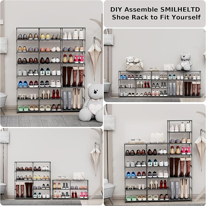 SMILHELTD Large Shoe Rack 3 Row 8 Tier Sneaker Storage Organizer 48 Pairs | Metal Tiered Plastic Shelves Dust-Proof Mats, Space Saving Oganization for Garage Closet, DIY Assembly, 49.2"W x 50.8"H