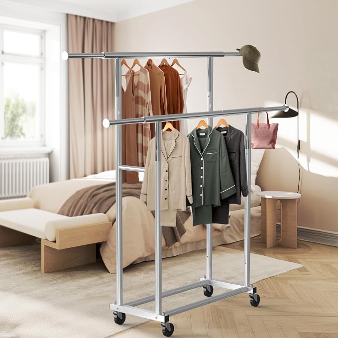 Simple Houseware Standard Double Rods Clothing Garment Hanging Rack, Silver | Extendable Width from 30.5 to 48 Inches