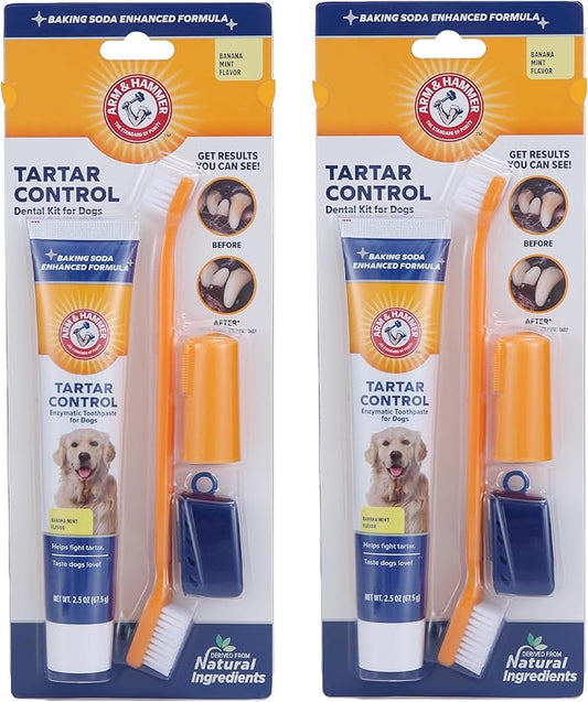 Arm & Hammer for Pets Tartar Control Dog Dental Care Kit, Dog Toothpaste Kit with Toothbrush and Finger Brush for Oral Hygiene and Fresh Breath Care, Banana Mint Flavor, 2.5 oz, 3-Piece Kit - 2 Pack