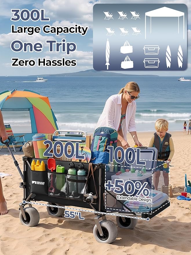 Heavy Duty Beach Wagon with 58" Expandable Tailgate, 300L, for Sand | 500 lbs Capacity, 9"x4" All-Terrain PU Wheels with Brakes, Quick Fold Utility Wagon for Camping, Sports & Grocery