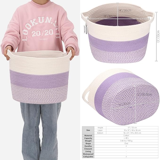 Sea Team Oval Large Cotton Rope Woven Storage Basket with Handles, White & Mottled Lavender, 16 x 13 inches | Collapsible Knitted Hamper, Closet Shelf Organizers, Containers for Clothing, Blankets, Toys, Bedding, Mottled Lavender
