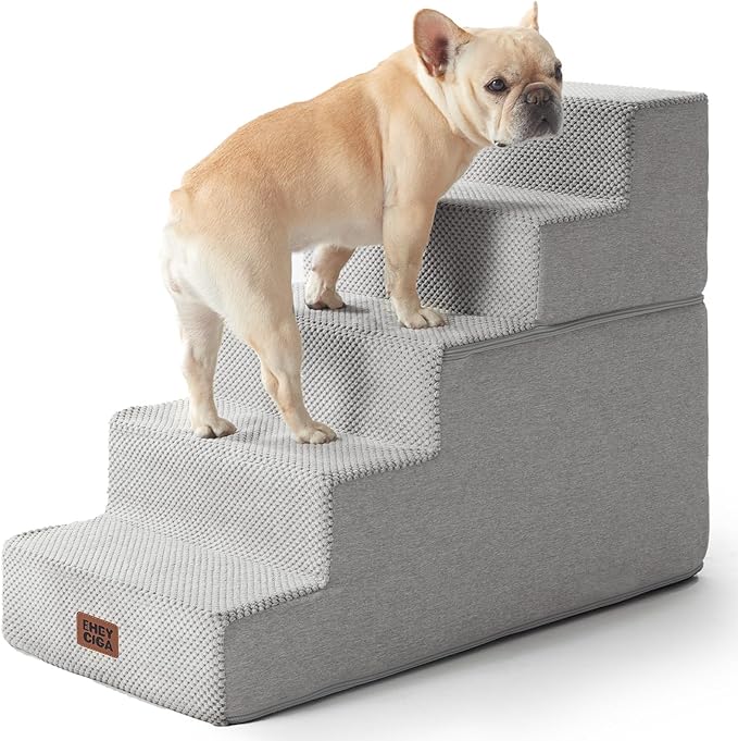 EHEYCIGA Dog Stairs for High Bed 22.5" H, 5-Step Dog Steps, Light Grey | Pet Steps for Small Dogs and Cats for Bed, Non-Slip Balanced Pet Ramp Indoor