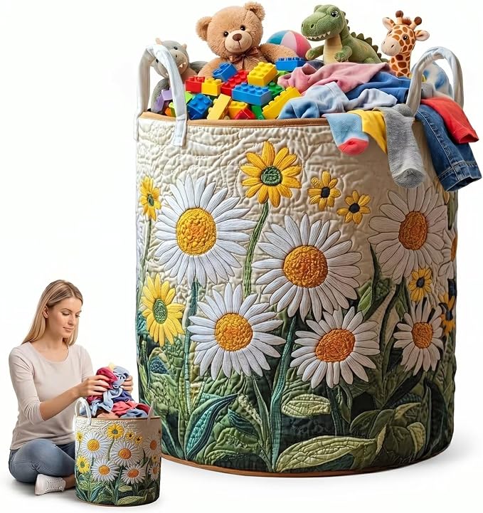 Quilted Laundry Basket with Handles, Boho Floral Fabric Hamper for Clothes, Soft Large Storage Tote for Bedroom, Useful Laundry Room Supplies(20" x 28")