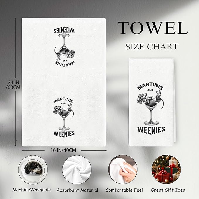 Funny Dachshund Kitchen Towels, Wiener Dog Lovers Home Bar Towels, Martinis Lovers Gifts, Dachshund Decor, Dog Hand Towels 16x24, Martini and Weenies