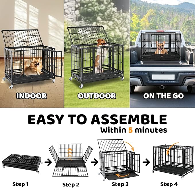 Homey Pet 37 Inch Three Tiers Stackable Dog Crates for Medium Dogs | Indestructible Heavy Duty Dog Crate Cage with Lockable Wheels, Removable Tray, Opent Top, Escape Proof Locks, Bowls