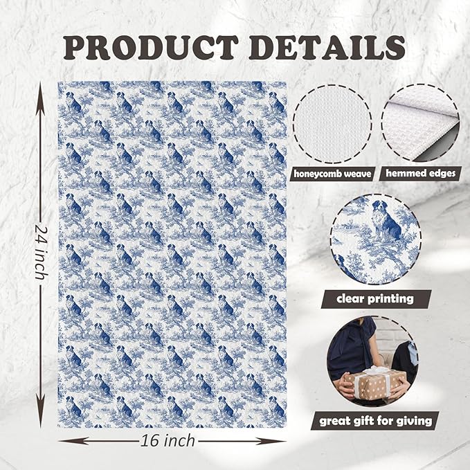 Chicimln Chinoiserie Bernese Mountain Kitchen Towels, Bernese Mountain Dog Gifts Decorative Hand Towels for Bathroom, Blue and White Dog Dish Tea Towel Drying Cloth for Kitchen Decor, 16x24 Inch