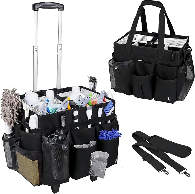 Rolling Cleaning Caddy Bag Built-in Hard Plastic Sheet Detachable Trolley | Aluminum foil lining, Adjustable dividers Adjustable Shoulder Strap and Multiple Storage Pockets