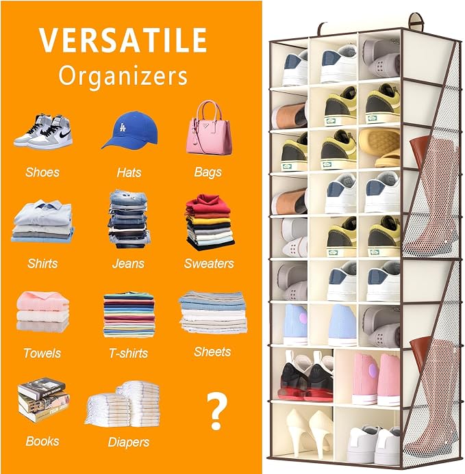 Hanging Shoe Organizer for Closet-Collapsible Storage Rack with 25 Sections & 4 Side Pockets, Hanging Shoe Shelves for Hats,and Clothes, Beige