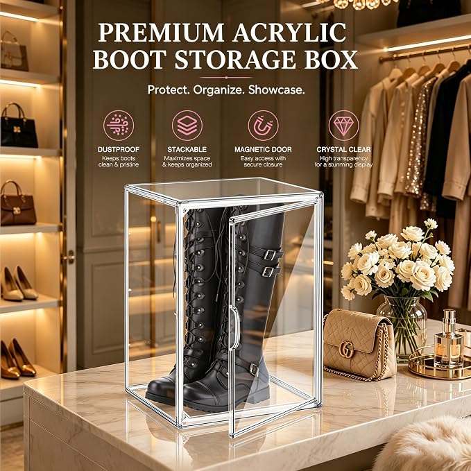 Clear Tall Boot Storage Box, Organizer for Ankle Boots and Booties | Fits Men/Women Shoes Size 15.Designed for ankle boots,short fashion boots.Clear stackable storage with dustproof protection.