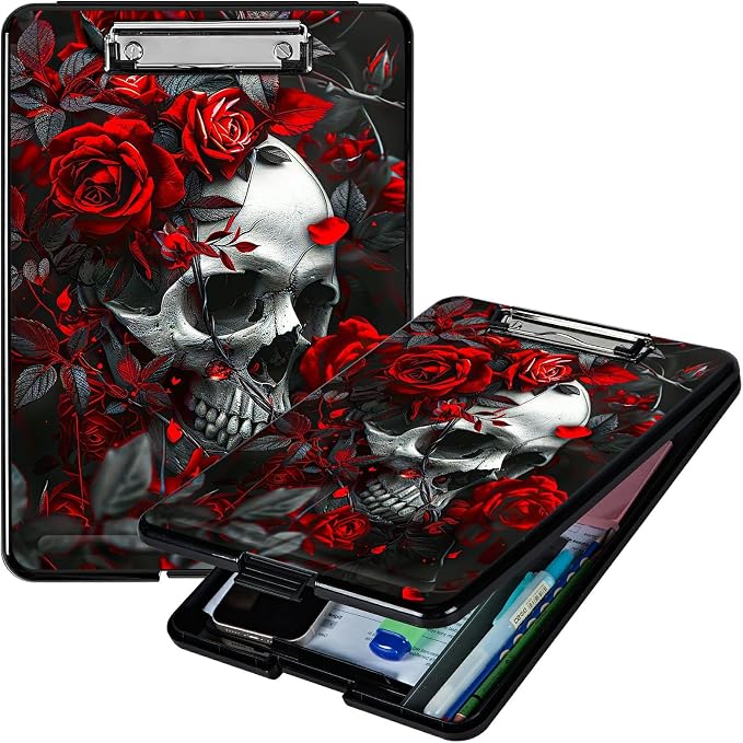 Red Rose Skull A4 Clipboard with Storage Pen Holder, Clipboards Organizer Nursing Clipboard Foldable File Folder Plastic Clipboard Folio Clip Board for Office Students Classroom Doctor