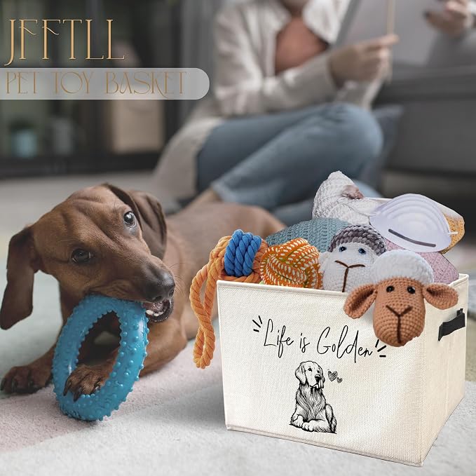Funny Golden Retriever Dog Toy Basket, Dogs Lover Gifts, Life Is Golden Humorous Collapsible Pet Dog Toy Storage Bin Box Basket Organizer, Pet Supplies for Dogs