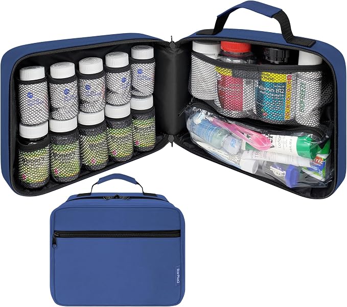 Large Pill Bottle Organizer & Medicine Bag for Travel, Blue | Prescription bottle organizer with 10 bottle pockets and padded storage for medication bottles, supplements, vitamins