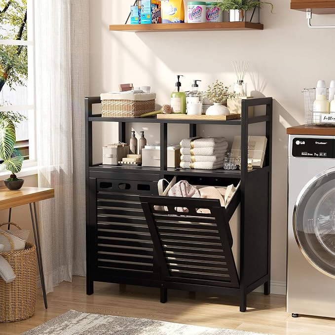Homykic Tilt Out Laundry Hamper Cabinet, Bamboo Laundry Organizer, Black | 20 Gal Laundry Sorter with 2 Removable Liner Bags, Hidden Clothes Hamper with Shelf for Laundry Room, Bathroom, Closet
