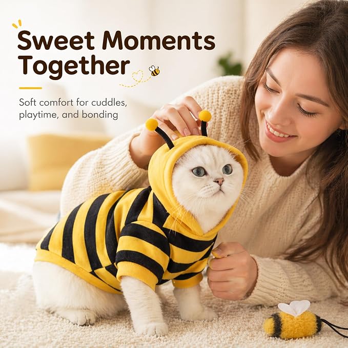 Cute Cat Bee Costume - Pet Halloween Apparel Bumble Bee Cosplay Clothes Antennae, Soft Warm Fleece Hoodie for Cats, Kittens, and Small Dogs, Perfect for Festival Party and Photo Shoot S/M