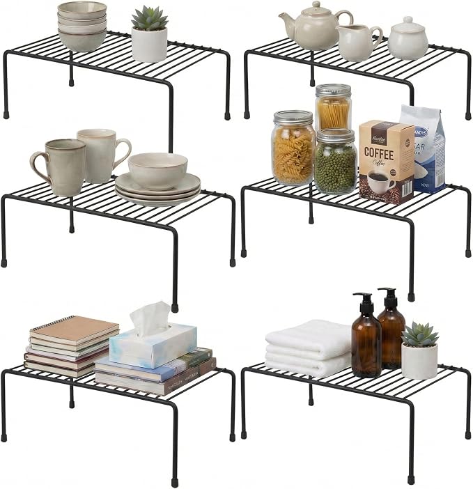 Evelots Wire Shelf Organizer Set Metal Cabinet Shelf Risers, 6-Pack, Black | 6-Pack rustproof metal wire shelf organizers create extra storage space in kitchen cabinets, pantries, freezers and bathrooms