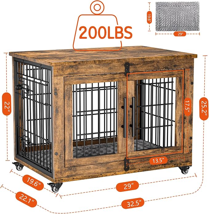 2 Pack Dog Crate Furniture, 32'' Heavy Duty Kennel with Cushion & Wheels | Rustic Brown, Double Doors, Wooden Dog Cage, Chew-Resistant, End Table, Decorative, 27"/32"/38"/44" Options, Indoor
