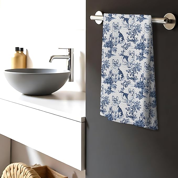 Chinoiserie Corgi Kitchen Towels, Blue and White Floral Botanical Grandmillennial Dog Decor Dish Tea Towels, Corgi Gifts Hand Towels for Kitchen Bathroom, 16x24 Inch