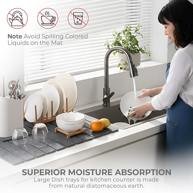 Drying Matt Kitchen Counter,Large Stone Dish Drying Mat for Kitchen Counter,Foldable Water Absorbing Diatomaceous Earth Drying Organizer Pad for Kitchen Utensils(Dark Gray 24"×16" & 8"x4")